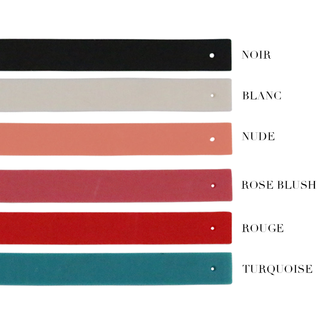 vue gros plan, détails, nom des 6 bandes silicone : noir, blanc, nude, rose blmush, rouge, turquoise. Bandes intercahngeables pour pack mon petit bangle doré ou argenté en acier inoxydable. Ladygum, bijoux fantaisies en silicone, marque française, créateurs, designers. Idée cadeau pour les fêtes.